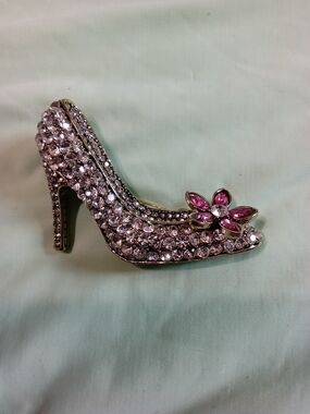 Crystal High Heel Pin Brooch with Pink Floral Accent
